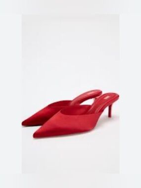 Zara Cherry Red Pointed-Toe Satin Heel Mules EU37